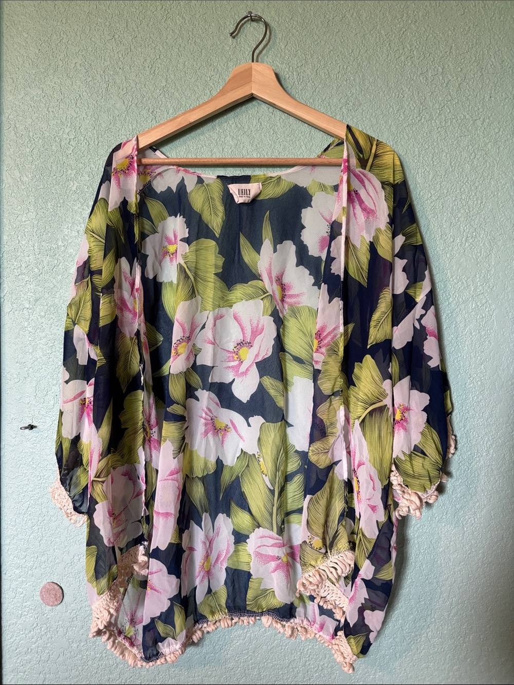 Floral Kimono Women’s Swim Coverup in Navy with Pink & Green Size Medium Good